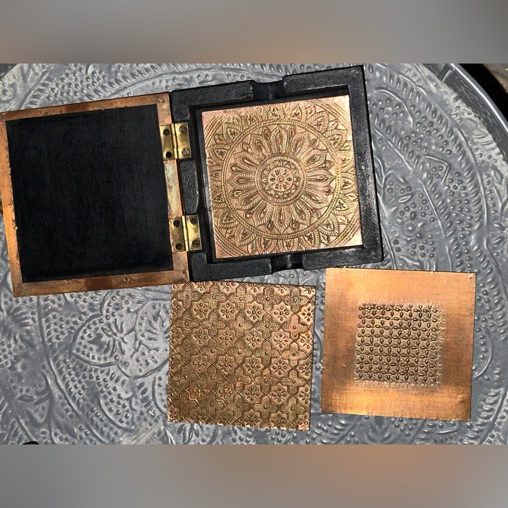 Set of 3 Arhaus copper color coaster set with matching box
